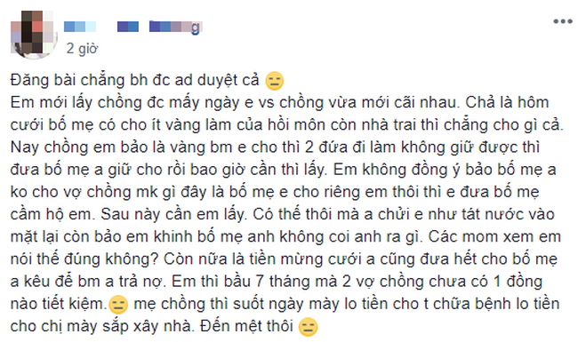 Vừa mới cưới, nàng dâu tủi hờn vì bị chồng chửi té tát, bắt đưa vàng cho mẹ chồng giữ hộ, chưa kể tiền cưới nhà chồng đã giữ sạch - Ảnh 2.