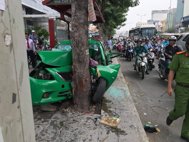 TP.HCM: Taxi lao thẳng lên vỉa hè, tông vào gốc cây nát bét, tài xế lẫn hành khách thoát chết trong gang tấc - Ảnh 1.