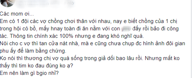 Biết rõ chồng của bạn mình có bồ, mẹ trẻ băn khoăn nên nói hay im lặng, tư vấn của hội chị em gây choáng - Ảnh 1.