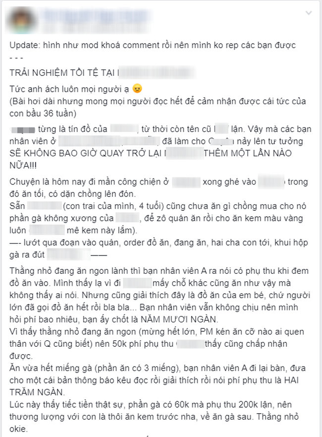 Mang đồ ăn cho con vào nhà hàng nổi tiếng bị phụ thu 200k, nhưng điều khiến khách tức giận lại do nhân viên "lươn lẹo" - Ảnh 1. Mang đồ ăn cho con vào nhà hàng nổi tiếng bị phụ thu 200k, nhưng điều khiến khách tức giận lại do nhân viên "lươn lẹo" - Ảnh 1.