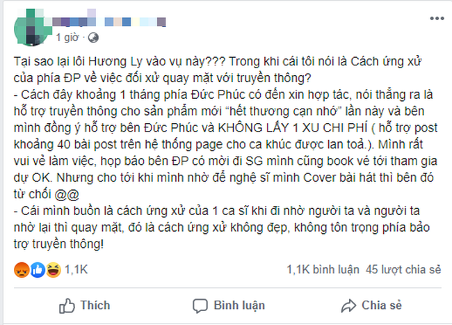 Quản lý của Hương Ly tố Đức Phúc &quot;vô ơn&quot;, dân mạng phản ứng cực gắt: Yêu cầu Hương Ly đừng cover nữa! - Ảnh 1.