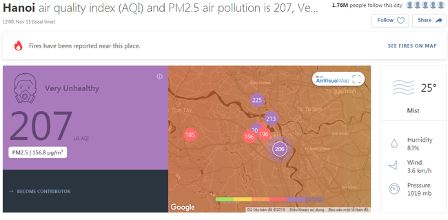 Hà Nội lại vào top đầu bảng xếp hạng ô nhiễm không khí của AirVisual với mức cảnh báo màu tím, cực kỳ nguy hại cho sức khỏe - Ảnh 1.