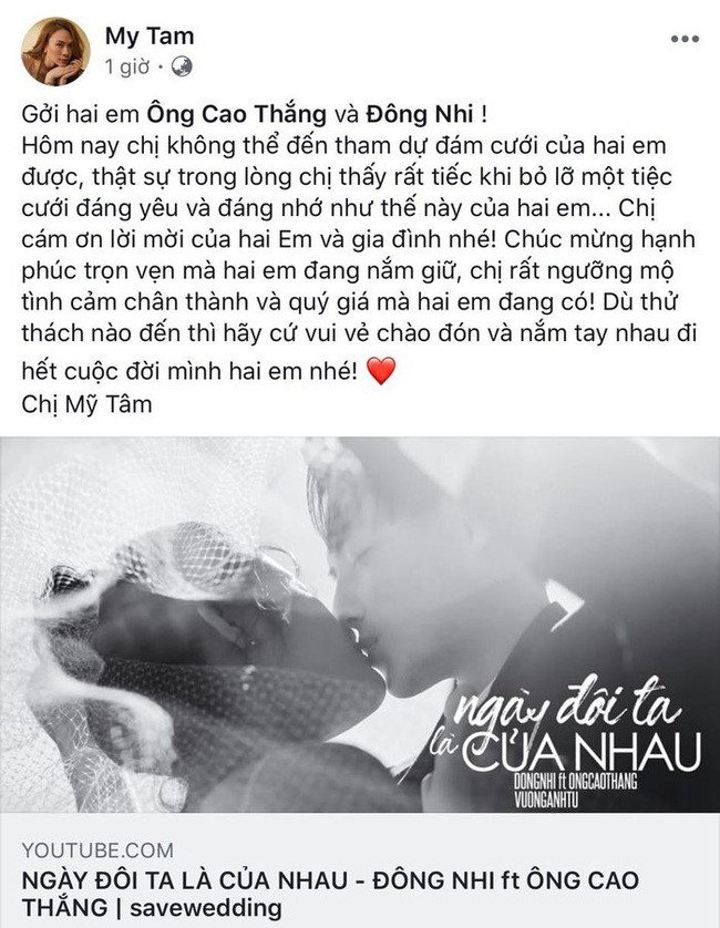 Mỹ Tâm viết thư chúc mừng Đông Nhi và Ông Cao Thắng, fan hy vọng giọng ca &quot;Họa mi tóc nâu&quot; cũng sẽ sớm lên xe hoa - Ảnh 2.