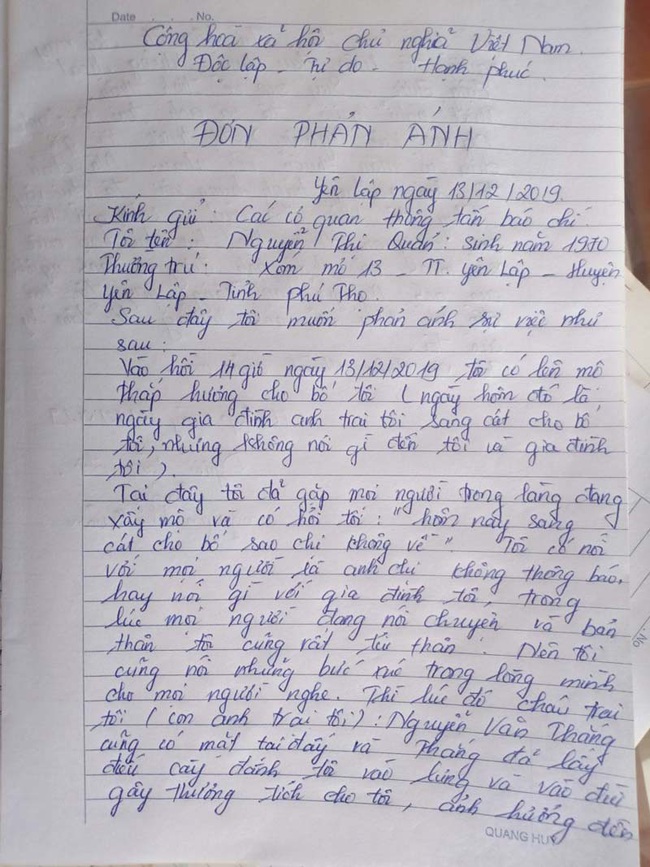 Phú Thọ: Cô ruột tố bị cháu trai hành hung dẫn đến sang chấn, suy sụp trong ngày xây mộ cho bố - Ảnh 1.