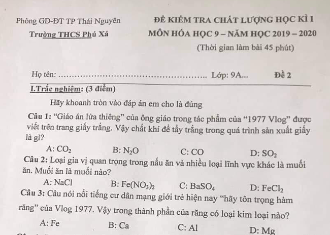 Đề thi theo trend mang 1977 vlog vào đề thi học kỳ môn hóa học của một trường PTTH ở Thái Nguyên - Ảnh 1.