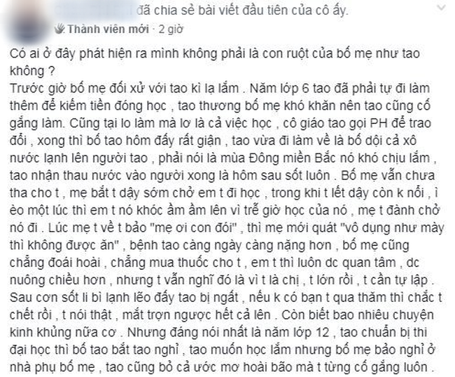 MXH dậy sóng với bi kịch của cô gái bị bố mẹ bạo hành từ nhỏ, đánh mắng suốt ngày, cuối cùng nhận ra mình chỉ là con nuôi - Ảnh 2.