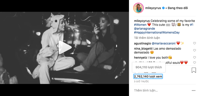 Clip mừng ngày 8/3 của cặp đôi Miley Cyrus và Ariana Grande có gì đặc biệt mà đạt gần 3 triệu view Instagram chỉ sau 3 tiếng? - Ảnh 1.