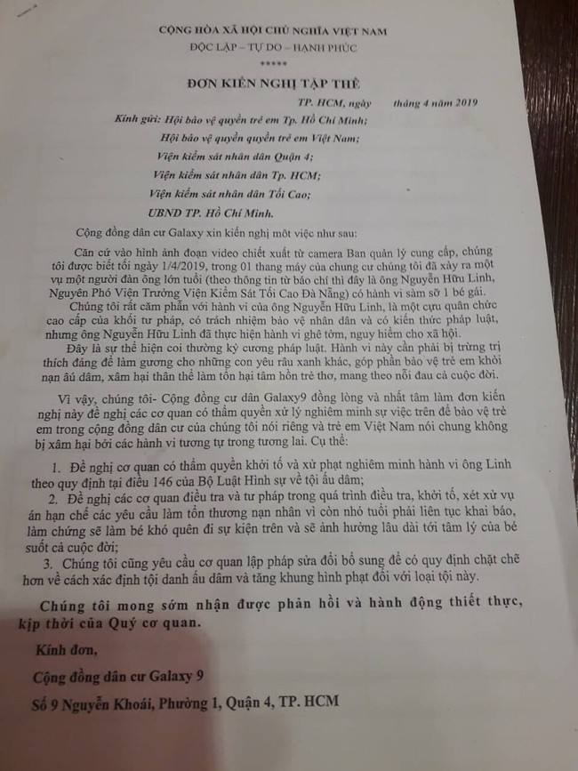 Cư dân Galaxy 9 ký đơn tập thể yêu cầu khởi tố Nguyễn Hữu Linh về tội dâm ô bé gái trong thang máy - Ảnh 2.