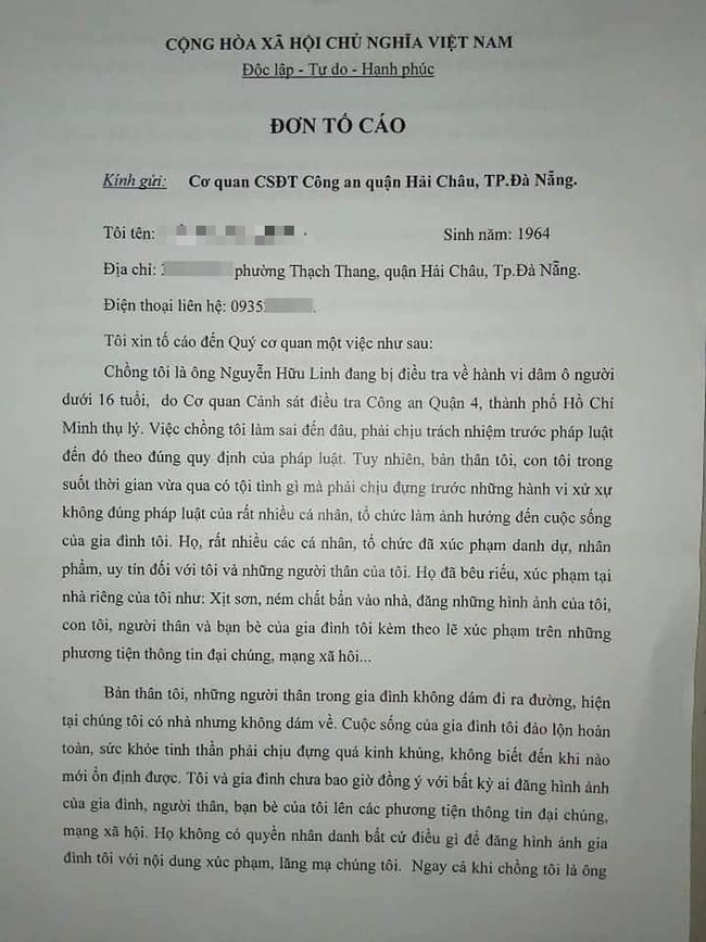 Trước tâm thư, vợ ông Nguyễn Hữu Linh đã gửi đơn tố cáo những người quấy rối, đăng hình ảnh gia đình mình lên MXH - Ảnh 2.