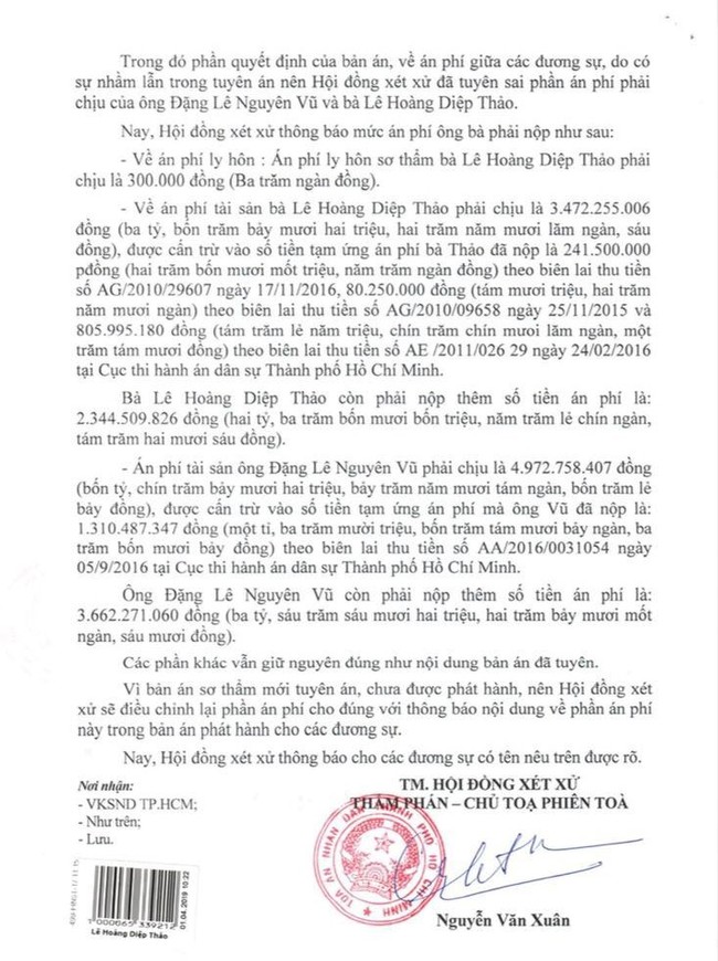 TAND thông báo đính chính vụ đọc nhầm án phí từ 8 tỷ lên 80 tỷ trong phiên tòa ly hôn nghìn tỷ Trung Nguyên - Ảnh 1.