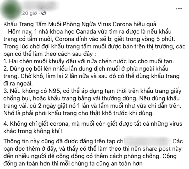 Hướng dẫn tẩm muối khẩu trang được khẳng định sẽ giết virus Corona trong vòng 5 phút khiến cộng đồng mạng thắc mắc - Ảnh 1.