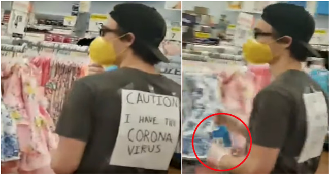 Phẫn nộ với hình ảnh hai thanh niên dán giấy với nội dung &quot;Tôi nhiễm virus corona&quot; lên lưng và vừa đi vừa phun thuốc vào các sản phẩm trong siêu thị - Ảnh 1.