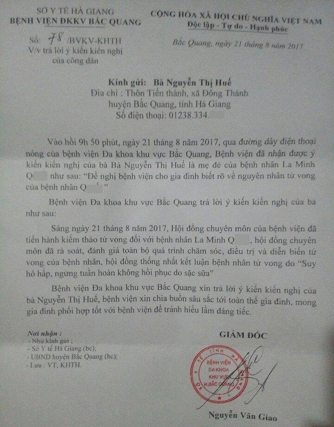 Hà Giang: Bệnh viện Bắc Quang kết luận bé 2 tháng tuổi tử vong do sặc sữa - Ảnh 1.