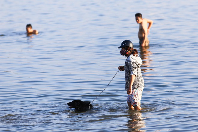 Nắng nóng đỉnh điểm, chủ mặc kín như ninja lội nước, chó cưng vùng vẫy ở Hồ Tây - Ảnh 6.