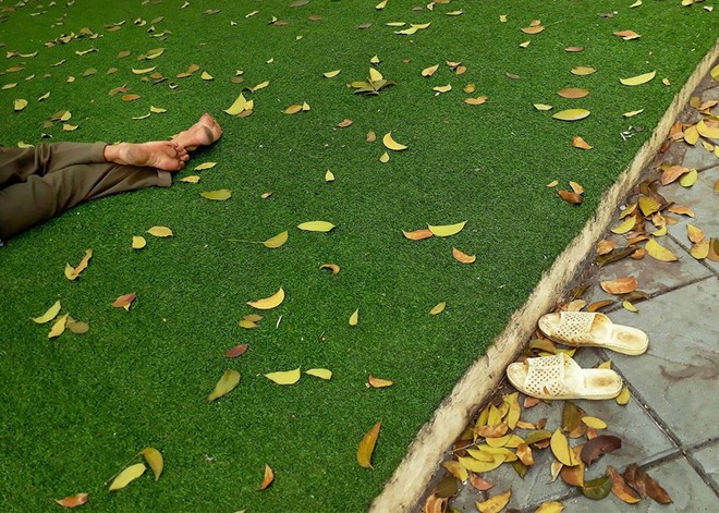 Người bán hàng rong tranh thủ ngủ trưa ở một công viên dành cho trẻ em vẫn không quên bỏ dép ngoài bãi cỏ khiến dân mạng xúc động - Ảnh 2.