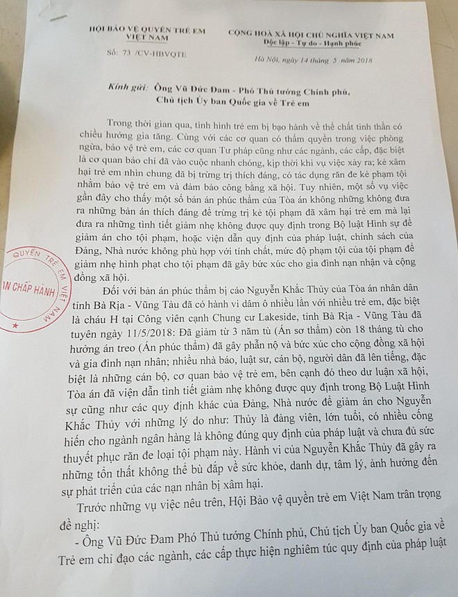 Hội Bảo vệ Quyền trẻ em Việt Nam gửi đơn cho Phó Thủ tướng chính phủ về vụ Nguyễn Khắc Thủy dâm ô trẻ em - Ảnh 2.