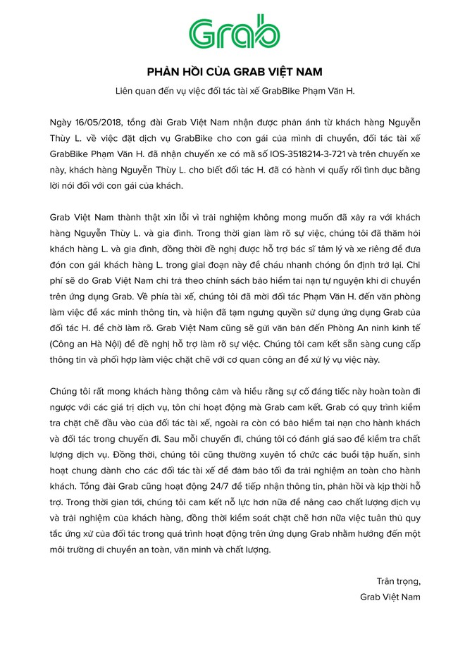 Grab xin lỗi khách hàng, tạm ngưng quyền sử dụng ứng dụng của tài xế bị tố gạ gẫm bé gái 9 tuổi - Ảnh 1.