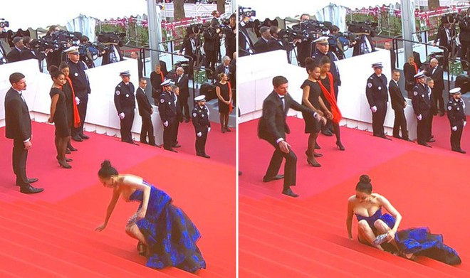 Hoa hậu Trung Quốc trở thành trò cười trên thảm đỏ Cannes vì cố tình ngã để gây chú ý - Ảnh 1.