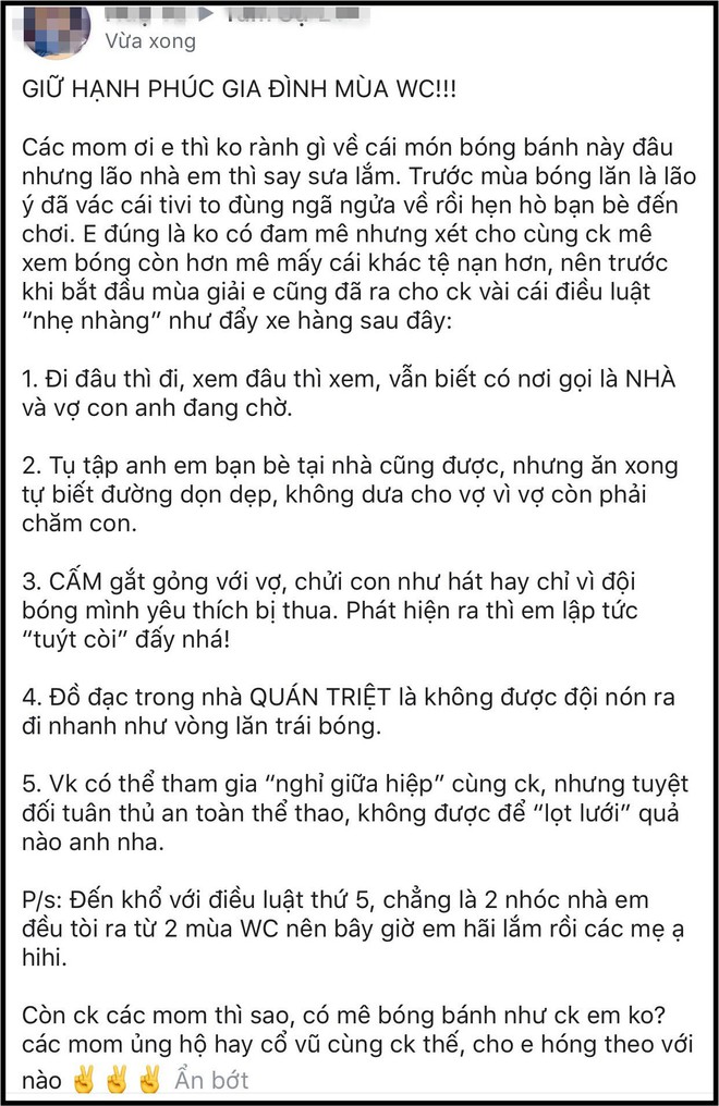 Ra 5 điều luật giữ hạnh phúc gia đình mùa World Cup, vợ trẻ thay hội chị em răn đe các ông chồng - Ảnh 1.