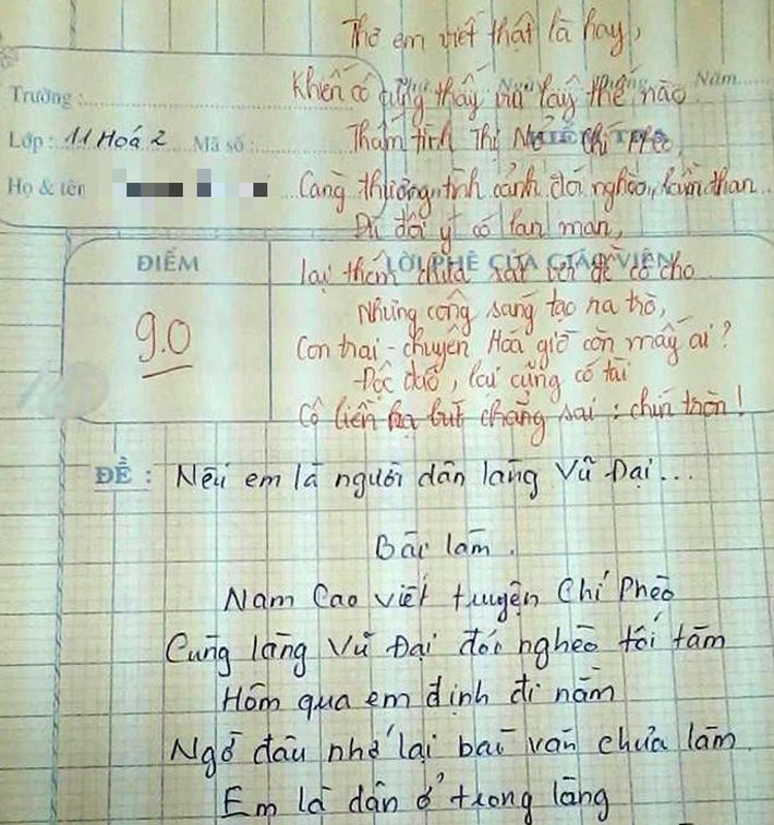 Nhận đề Văn: “Nếu em là người dân làng Vũ Đại”, nam sinh chuyên Hóa tả Thị Nở - Chí Phèo độc đáo khiến giáo viên phải xuống tay cho ngay điểm 9 - Ảnh 1.