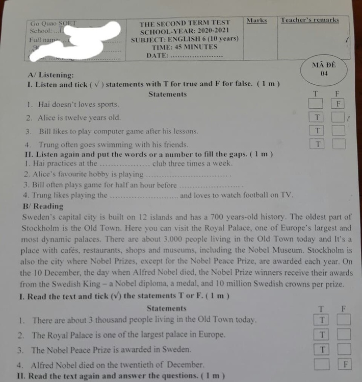 Xôn xao đề thi tiếng Anh học kỳ 2 lớp 6 có luôn… đáp án, đại diện Phòng GD-ĐT nói gì? - Ảnh 1.