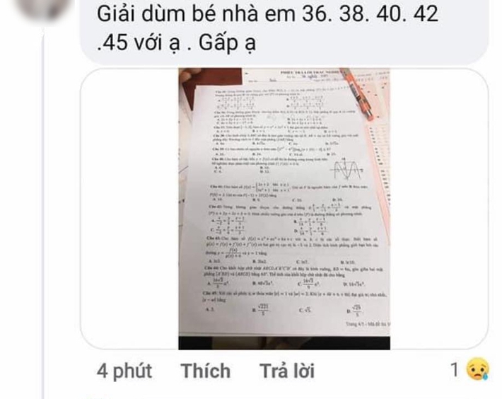 Xôn xao thông tin 1 thí sinh chụp ảnh, tuồn bài thi Toán ra ngoài, người thân đăng lên mạng nhờ giải giúp ngay trong giờ thi - Ảnh 1.