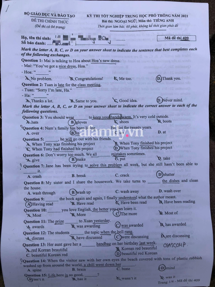 Đề thi và đáp án môn Tiếng Anh tốt nghiệp THPT Quốc gia 2021 - Ảnh 1.