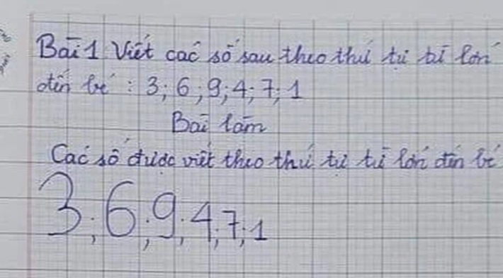 Giáo viên yêu cầu sắp xếp các số từ lớn đến bé, học sinh lớp 1 trả lời ra sao mà ai nấy phải thốt lên: IQ vô cực - Ảnh 1.