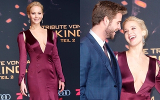 Jennifer Lawrence diện váy xẻ sâu "hút mắt" trong họp báo "Húng Nhại 2"