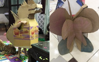 Tranh thủ nghỉ dịch, mẹ Hà Nội làm cho con chú khủng long bằng bìa các tông chơi cực vui mà chẳng tốn đồng nào