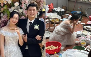 Vợ Hà Đức Chinh lộ ảnh mặc váy cô dâu “đối mặt” với đống chén bát sau đám cưới: Thêm 1 khoảnh khắc để đời rồi!