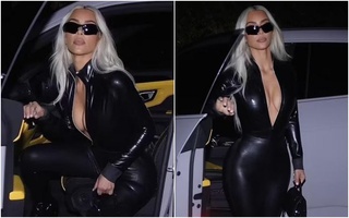 Kim Kardashian mặc đồ da liền thân bó sát, lộ vòng một nóng bỏng