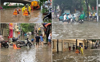 Trường học ở Hà Nội bất ngờ ngập sau trận mưa đêm, phụ huynh chật vật đưa con đến lớp