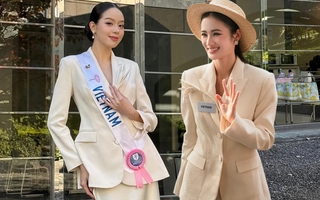 Ý Nhi xin vía Hoa hậu Thanh Thủy, diện cùng 1 thiết kế khi chinh chiến quốc tế