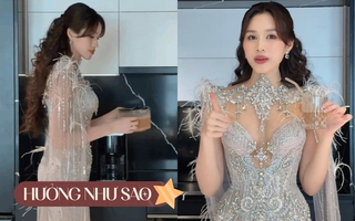 Đỗ Hà ra dáng dâu hào môn: Loanh quanh bếp núc cũng diện đầm dạ hội, dùng máy làm sữa hạt chục triệu