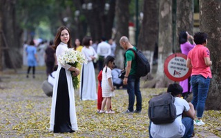 Cuối tuần, chị em áo dài váy hoa kéo nhau đi pose ảnh ở "con đường lá vàng" Phan Đình Phùng