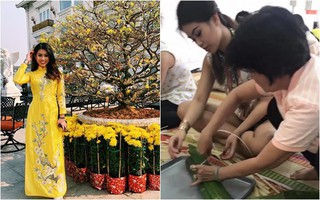 Thảo Tiên em chồng Tăng Thanh Hà vừa giản dị ngồi học gói bánh tét đã rạng rỡ áo dài đầu xuân