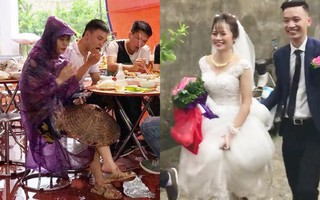 Cưới đúng ngày lụt, cô dâu Hà Nội mặc nón lá áo tơi, chân đi dép tổ ong đón khách khiến dân mạng vừa buồn cười vừa thương