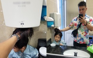 Đưa con gái đi chơi công viên nước mà không có máy sấy tóc, bố trẻ khiến ai nấy phì cười vì màn sáng tạo đỉnh cao