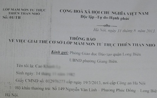 Đơn xin giải thể trường mầm non Thiên thần nhỏ có nội dung gì?
