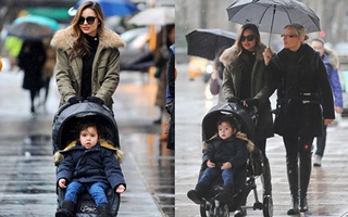Mưa gió Miranda Kerr vẫn đưa con trai đi dạo