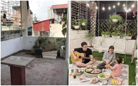 Ở nhà dài ngày, ông bố trẻ Hà Nội tự cải tạo sân thượng đẹp lung linh dành tặng vợ và con gái, chi phí hết hơn 8 triệu đồng