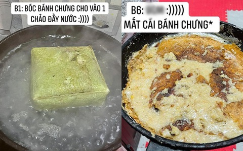 Theo trend rán bánh chưng bằng nước lọc, cô gái cẩn thận làm theo từng bước nhưng thành phẩm cuối cùng vẫn "dọa" người xem đến hú vía