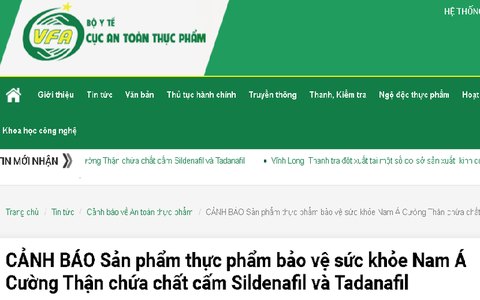 Cảnh báo sản phẩm thực phẩm bảo vệ sức khỏe Nam Á Cường Thận chứa chất cấm