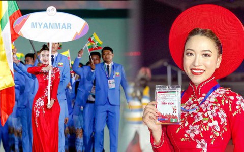 Cầm biển tên diễu hành SEA Games 31, diễn viên Hoàng Mai Anh được các VĐV Myanmar cổ vũ nhiệt tình