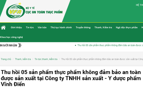Thu hồi 5 sản phẩm thực phẩm không đảm bảo an toàn