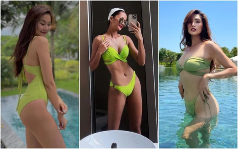 Dàn Hoa - Á hậu ''mê mẩn'' bikini màu xanh lá: Tiểu Vy, Hoàng Thùy khoe trọn vóc dáng nóng ''bỏng mắt''