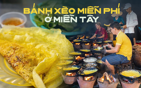 Bánh xèo chay 23 năm đãi khách miễn phí ở An Giang, số lượng bánh đổ 6.000 chiếc/ngày, người đổ bánh "MÚA" với 10 chiếc chảo liên tục