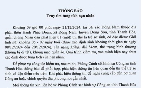 Truy tìm tung tích trẻ sơ sinh được phát hiện ngoài bãi rác
