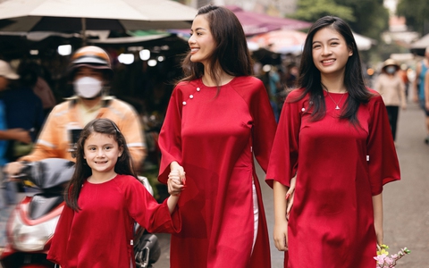 Siêu mẫu Như Vân truyền tình yêu áo dài truyền thống đến hai cô con gái xinh đẹp
